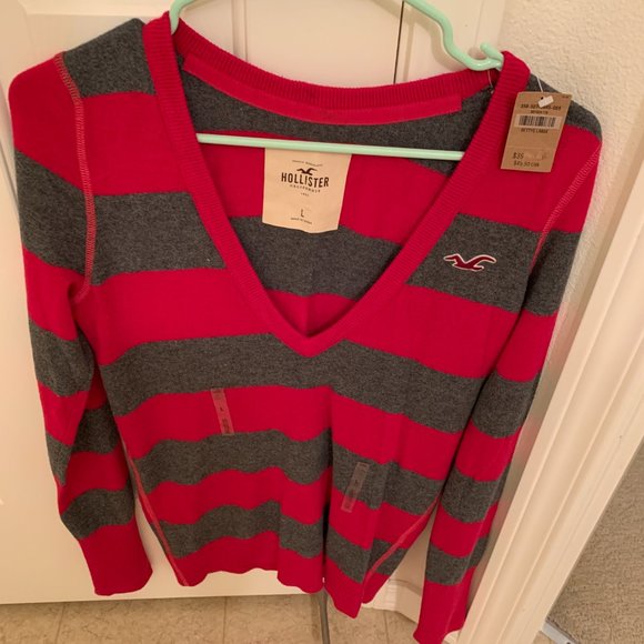 NWT WOMENS HOLLISTER CALIFORNIA V NECK PINK/GRAY LONG SLEEVE SZ: L - Picture 1 of 7